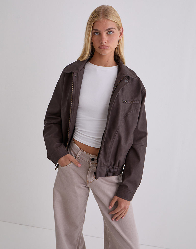 Aviara Cropped Jacket In PU Dark Brown - Image 2