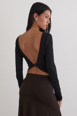 Diya Long Sleeve Twist Back Top in Cupro Black
