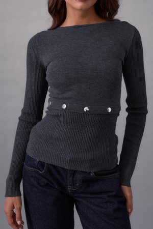 Josa Long Sleeve Knit Top in Dark Charcoal with Studs