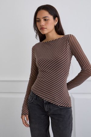 Lakya Long Sleeve Top in Diagonal Stripe Flocked Brown and Cream
