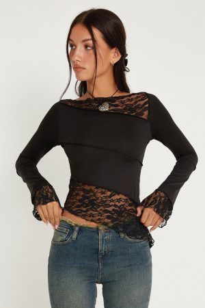 Lucca Long Sleeve Top in Lace Black