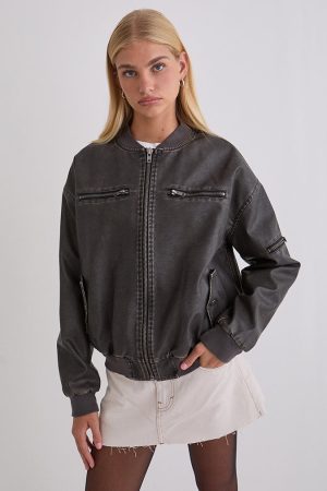 Marco Distressed Bomber Jacket in PU Charcoal