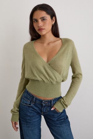 Nilza Wrap Top in Knit Sage Green