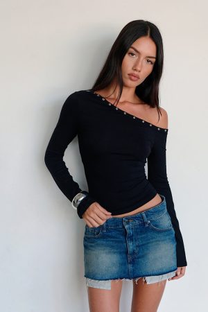 Noraba One Shoulder Top in Black with Eyelets