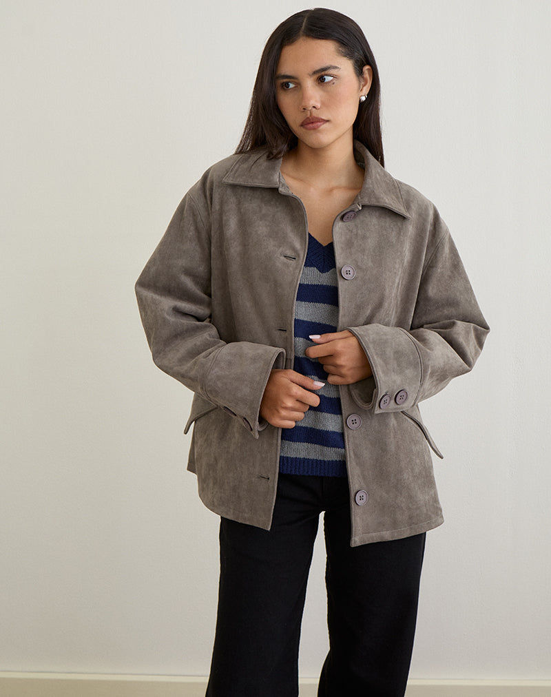 Orson Jacket in Faux Suede Olive Grey - Image 2