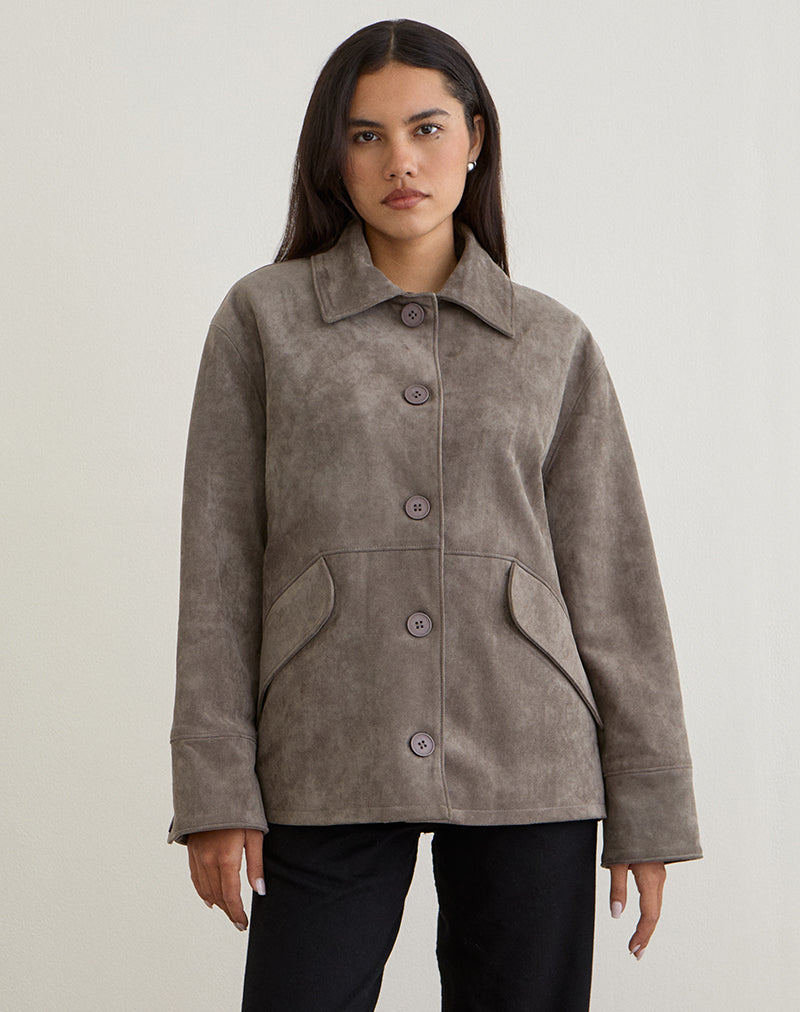 Orson Jacket in Faux Suede Olive Grey - Image 4