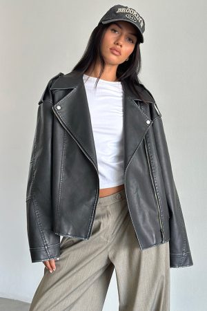 Zebbie Distressed PU Biker Jacket in Black