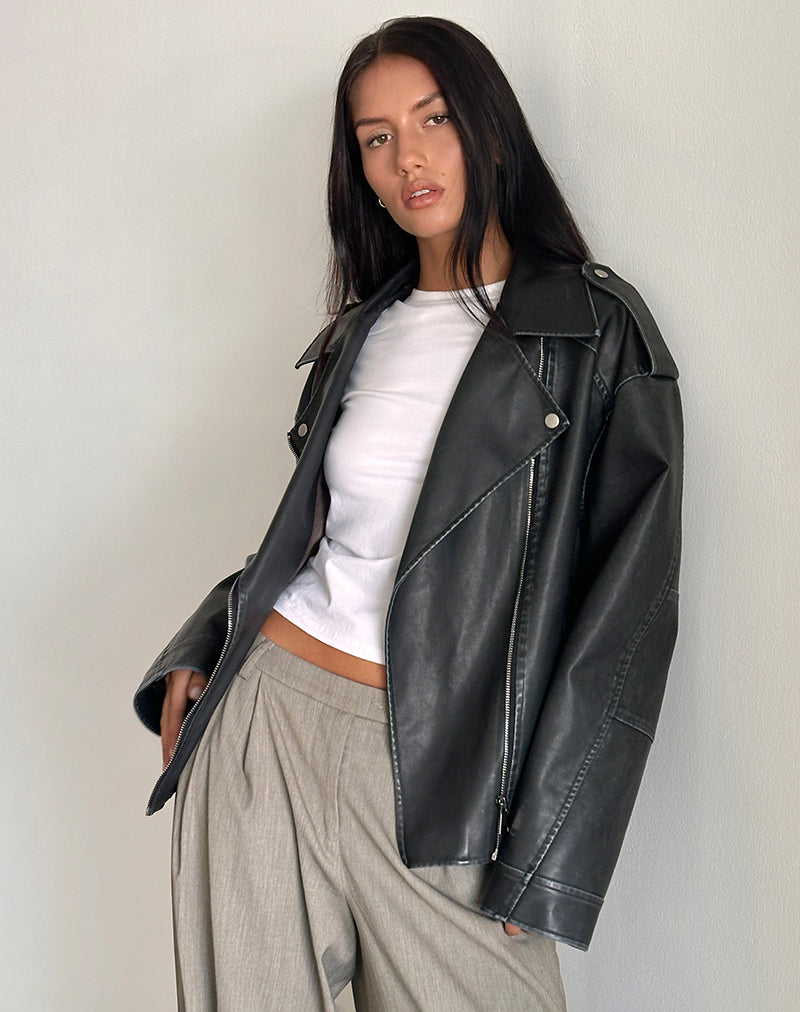 Zebbie Distressed PU Biker Jacket in Black - Image 4