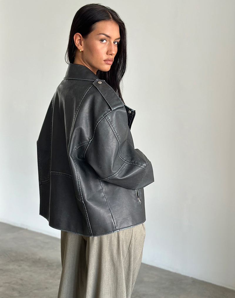 Zebbie Distressed PU Biker Jacket in Black - Image 3