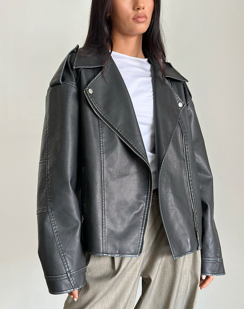 Zebbie Distressed PU Biker Jacket in Black - Image 2